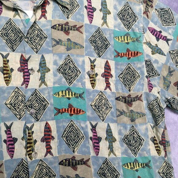 Campia Moda Mens Hawaiian Shirt size XL Short‎ Sleeve Tribal Fish Graphic Green - Picture 16 of 16